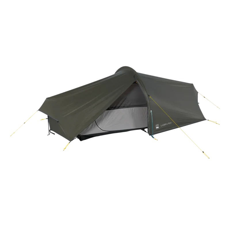 Low-profile olive-green tunnel tent with a partially open front revealing a grey inner sleeping compartment, supported by a central pole and yellow guy lines.