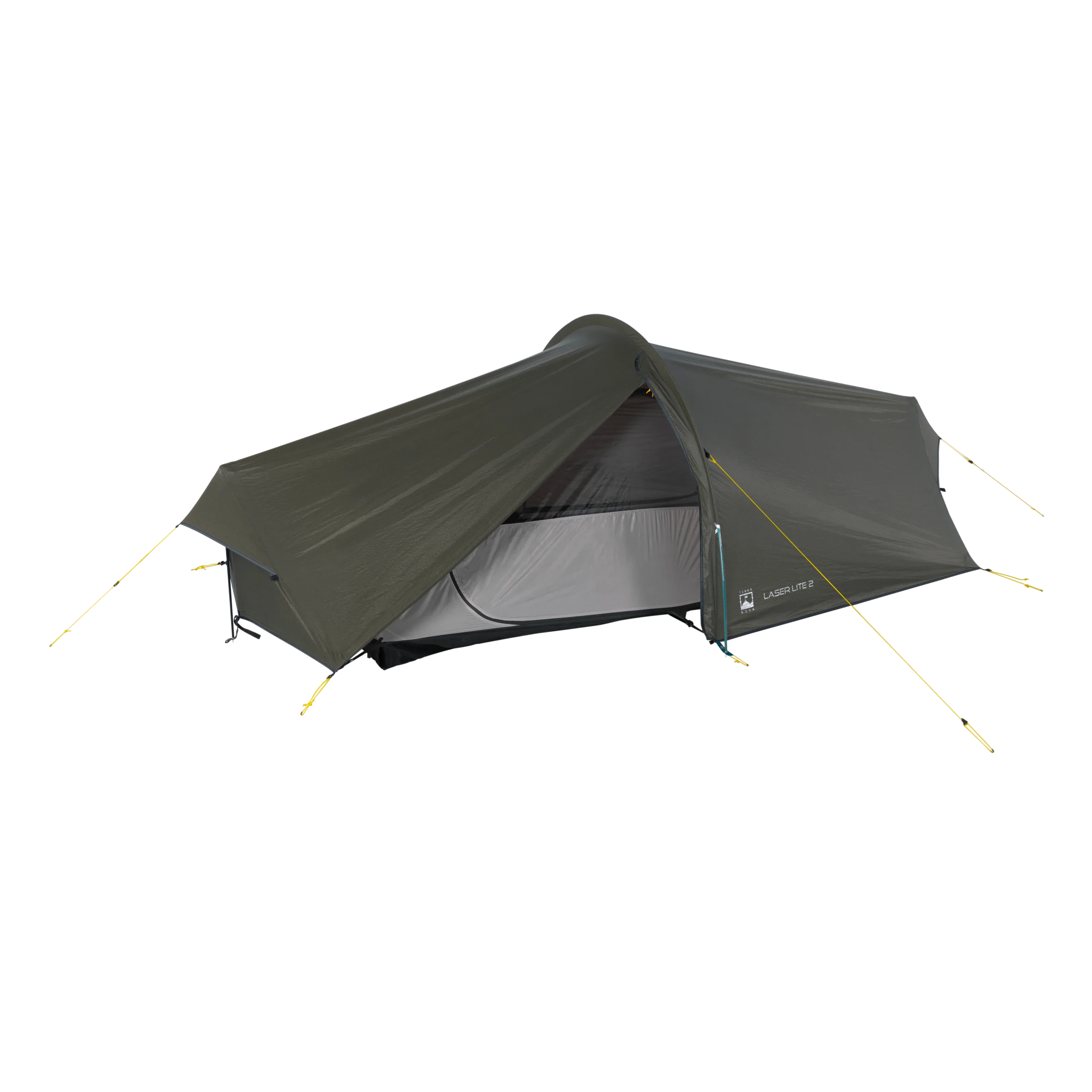 Low-profile olive-green tunnel tent with a partially open front revealing a grey inner sleeping compartment, supported by a central pole and yellow guy lines.