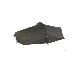 Low-profile olive-green two-person tunnel tent labelled "Laser Lite 2", staked out with yellow guy lines and a zipped entrance against a black background.