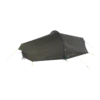 Low-profile olive-green two-person tunnel tent labelled "Laser Lite 2", staked out with yellow guy lines and a zipped entrance against a black background.