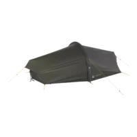 Low-profile olive-green two-person tunnel tent labelled "Laser Lite 2", staked out with yellow guy lines and a zipped entrance against a black background.