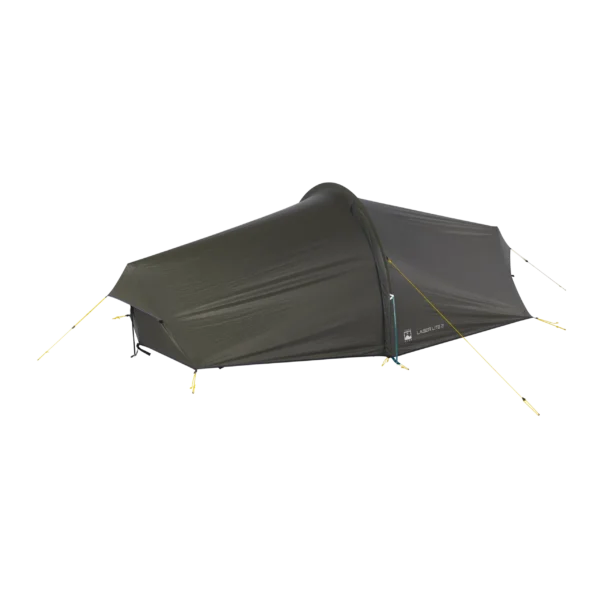 Low-profile olive-green two-person tunnel tent labelled "Laser Lite 2", staked out with yellow guy lines and a zipped entrance against a black background.