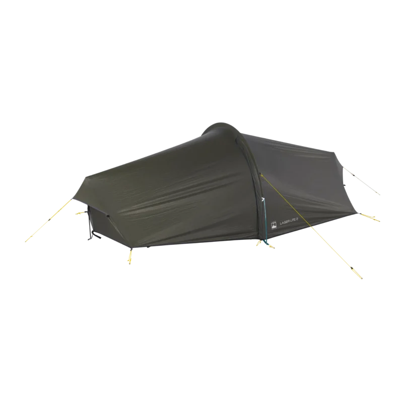 Laser-Lite-2-5-3.webp Low-profile olive-green two-person tunnel tent labelled "Laser Lite 2", staked out with yellow guy lines and a zipped entrance against a black background.