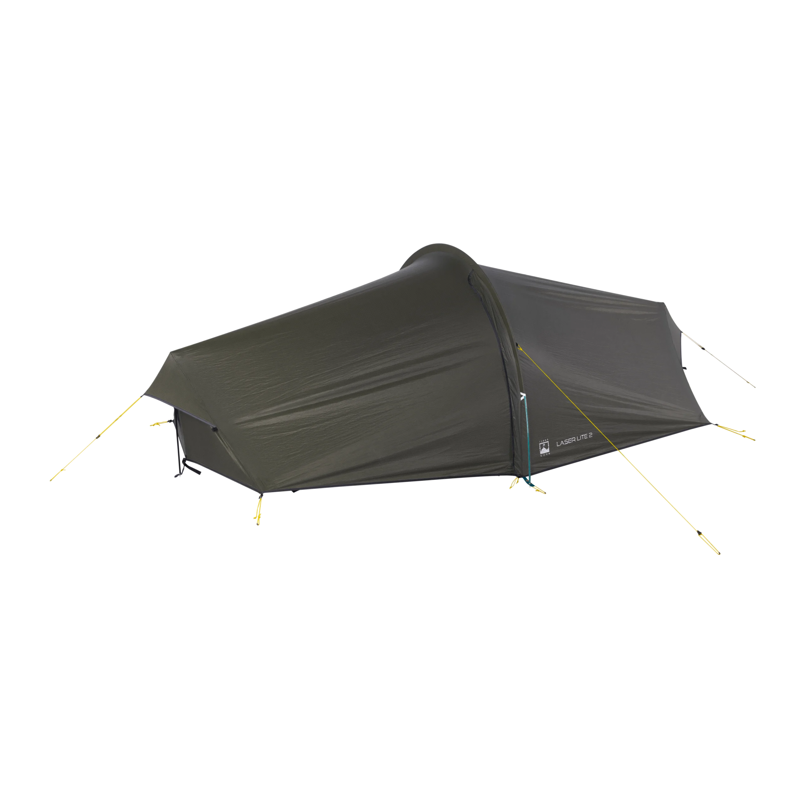 Laser-Lite-2-5-3.webp Low-profile olive-green two-person tunnel tent labelled "Laser Lite 2", staked out with yellow guy lines and a zipped entrance against a black background.
