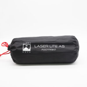 Black cylindrical stuff sack with a white Terra Nova logo and the text "LASER LITE AS FOOTPRINT", cinched with a red drawstring on a plain white background.