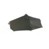 Dark olive-green tunnel-style camping tent with a low aerodynamic profile and a single side entrance under a small peaked awning, supported by visible poles and yellow guylines, shown isolated on a black background.