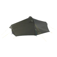 Dark olive-green tunnel-style camping tent with a low aerodynamic profile and a single side entrance under a small peaked awning, supported by visible poles and yellow guylines, shown isolated on a black background.