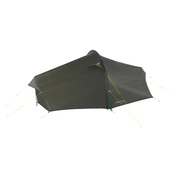 Dark olive-green tunnel-style camping tent with a low aerodynamic profile and a single side entrance under a small peaked awning, supported by visible poles and yellow guylines, shown isolated on a black background.