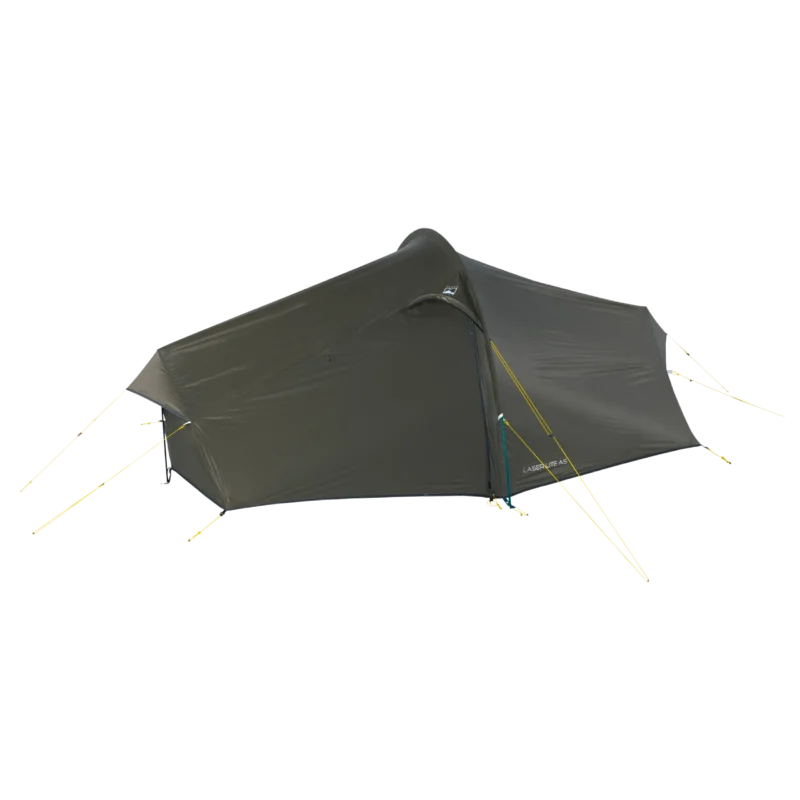 Dark olive-green tunnel-style camping tent with a low aerodynamic profile and a single side entrance under a small peaked awning, supported by visible poles and yellow guylines, shown isolated on a black background.