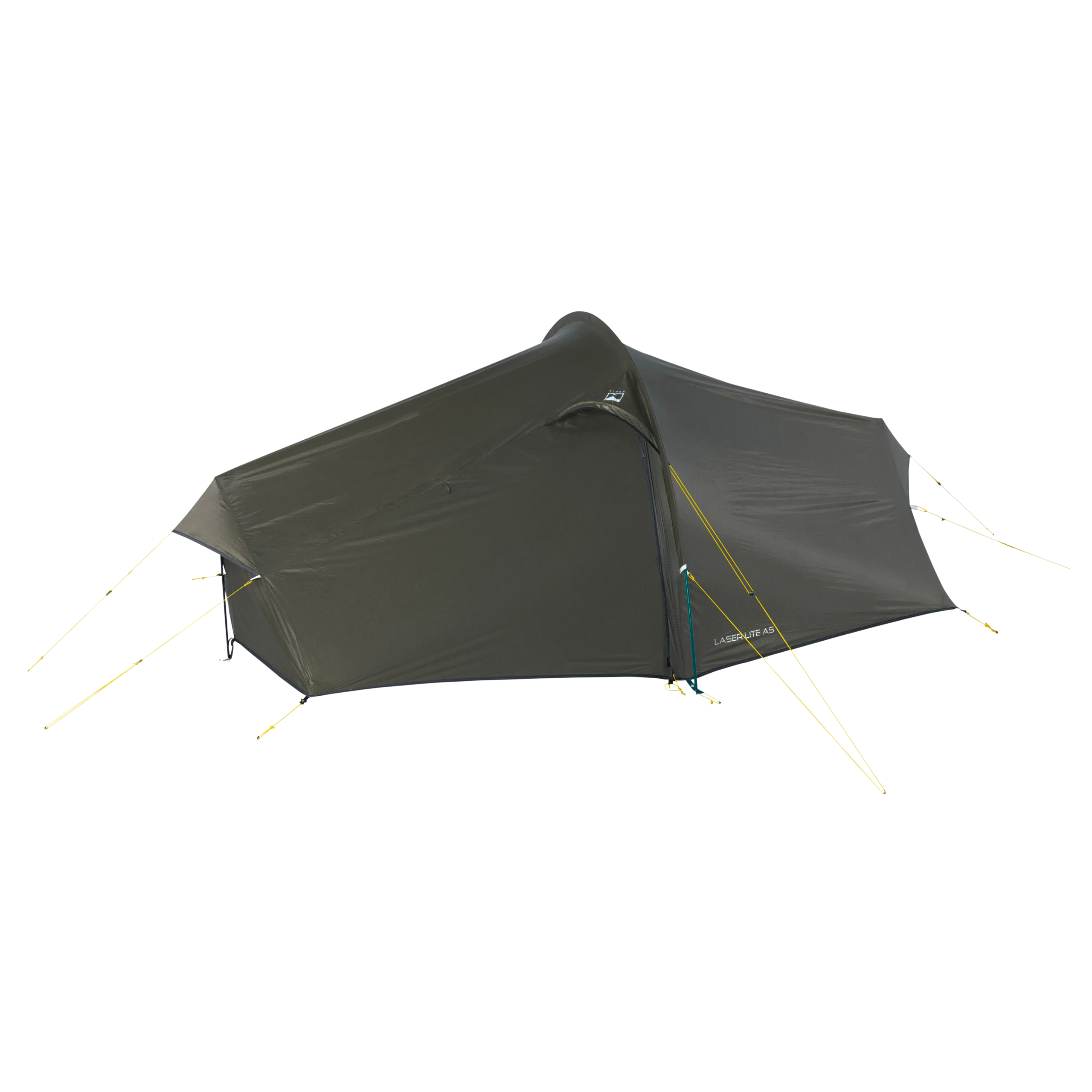 Dark olive-green tunnel-style camping tent with a low aerodynamic profile and a single side entrance under a small peaked awning, supported by visible poles and yellow guylines, shown isolated on a black background.