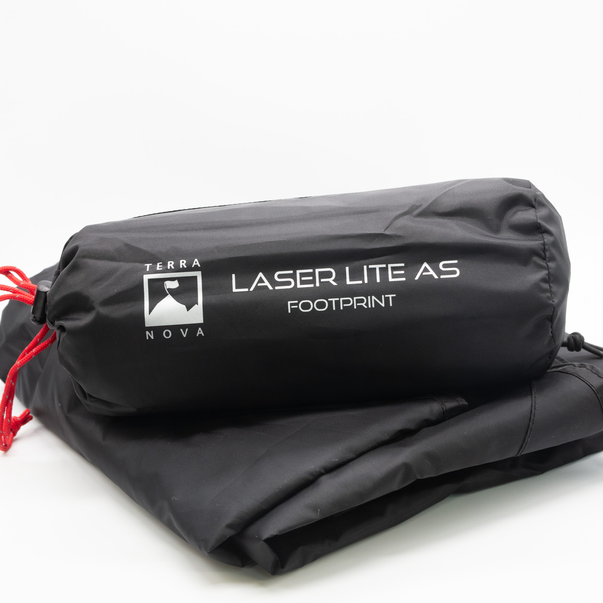 Laser-Lite-AS-2-3.jpg Black Terra Nova Laser Lite A5 footprint rolled in a cylindrical stuff sack with white logo and red drawcord, resting on folded black fabric.