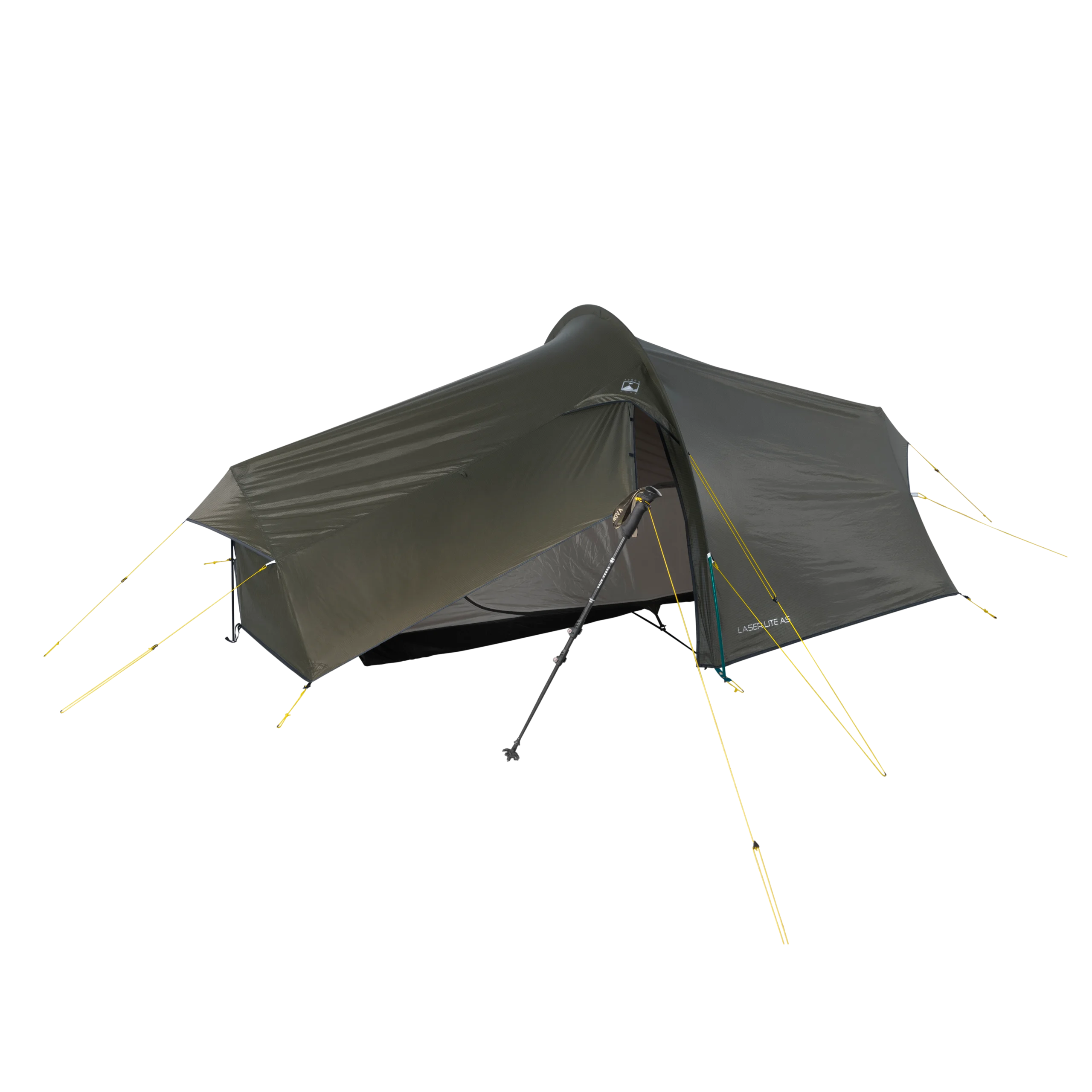 Dark olive-green tunnel-style backpacking tent with an open vestibule revealing an inner mesh sleeping area, staked out with yellow guy lines and propped at the entrance by a trekking pole, shown against a black background.