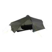 Low-profile olive-green tunnel tent with an open arched doorway showing light-coloured inner mesh and a dark groundsheet, held taut by multiple yellow guy lines and pegs.