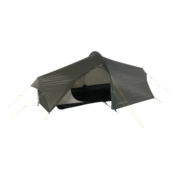 Low-profile olive-green tunnel tent with an open arched doorway showing light-coloured inner mesh and a dark groundsheet, held taut by multiple yellow guy lines and pegs.