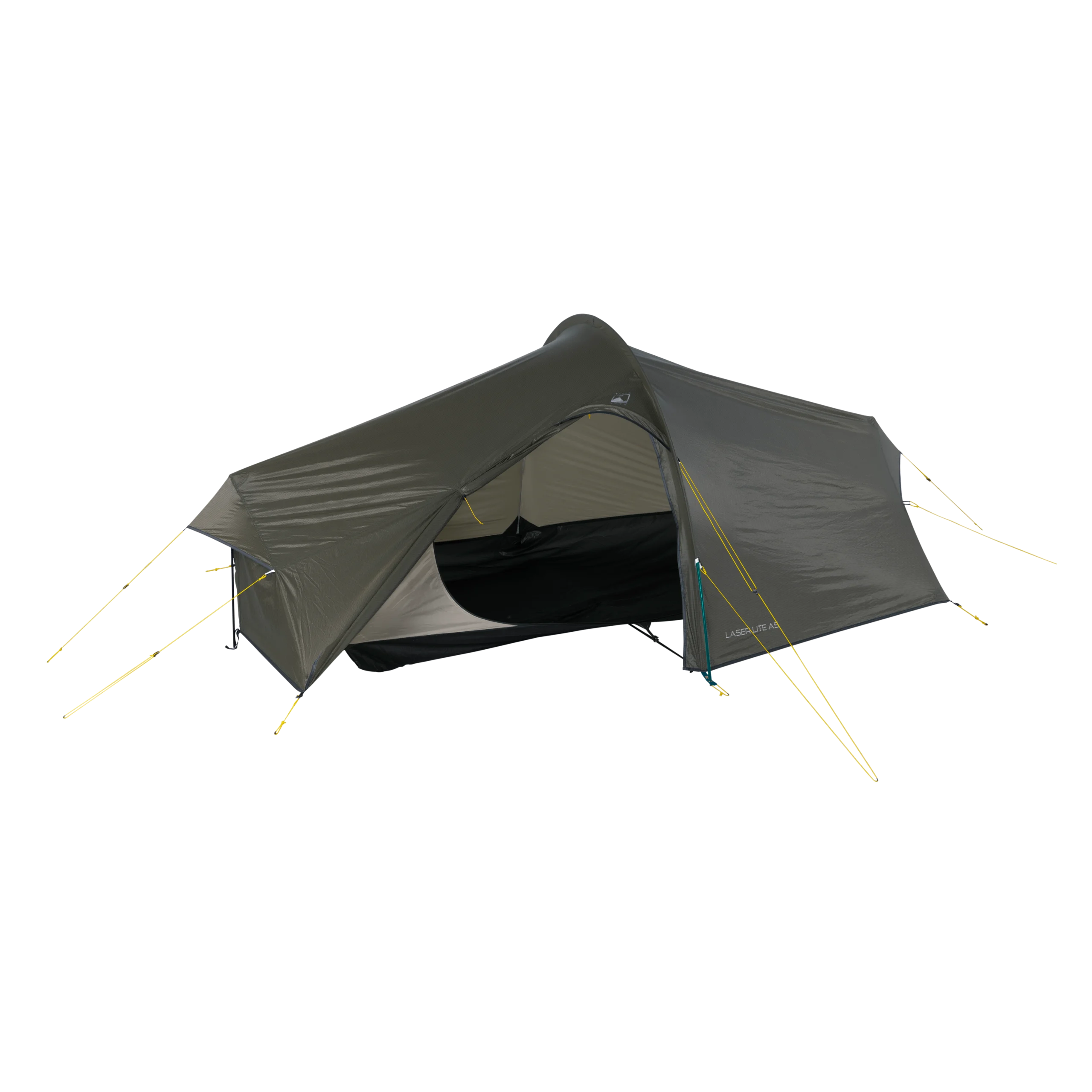 Low-profile olive-green tunnel tent with an open arched doorway showing light-coloured inner mesh and a dark groundsheet, held taut by multiple yellow guy lines and pegs.