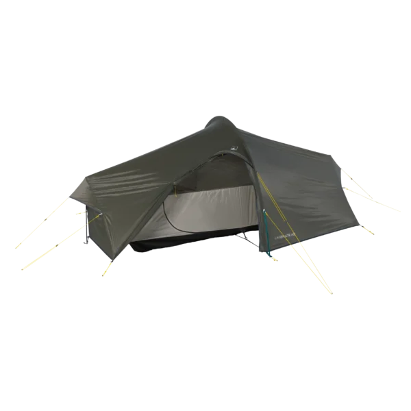 Olive-green lightweight tunnel tent with an open mesh inner sleeping compartment and extended front vestibule supported by yellow guylines, shown isolated on a black background.