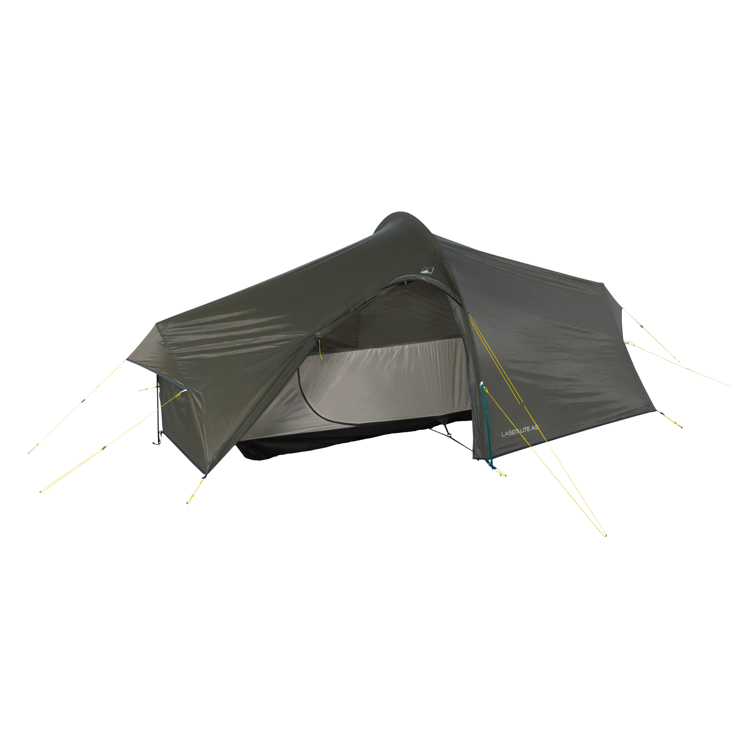 Olive-green lightweight tunnel tent with an open mesh inner sleeping compartment and extended front vestibule supported by yellow guylines, shown isolated on a black background.