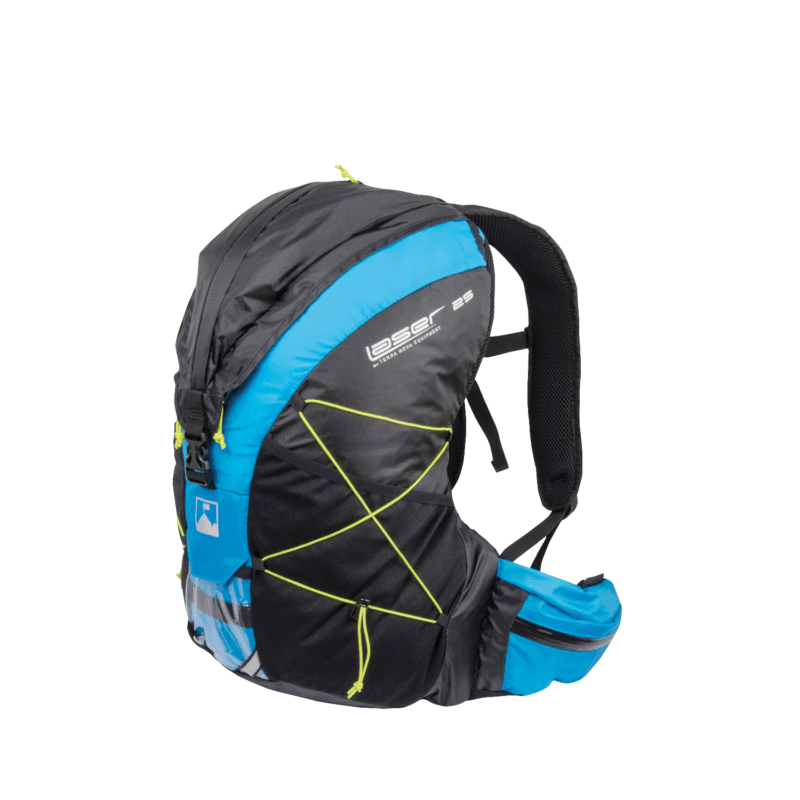 Blue and black daypack-style hiking backpack with neon-yellow bungee cord front, padded mesh shoulder straps and a zippered hip pocket, shown on a white background.