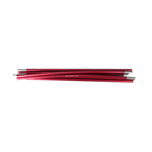 Several collapsed red aluminium tent poles with silver connector ferrules, stacked horizontally on a white background.