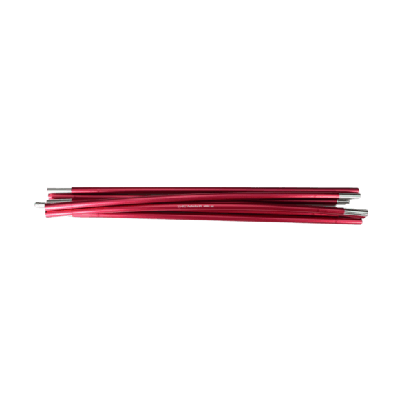 Laser-Photon-1-Main-Pole-3.png Several collapsed red aluminium tent poles with silver connector ferrules, stacked horizontally on a white background.