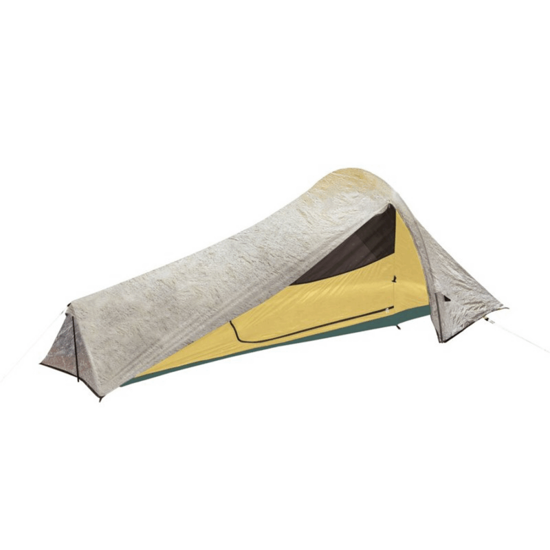 Laser-Pule-Ultra-1-3.png Low-profile single-person tunnel tent with a mottled silver-grey rainfly partially draped over a yellow inner tent and green floor, showing a mesh vent and side zip door and staked out with guylines.