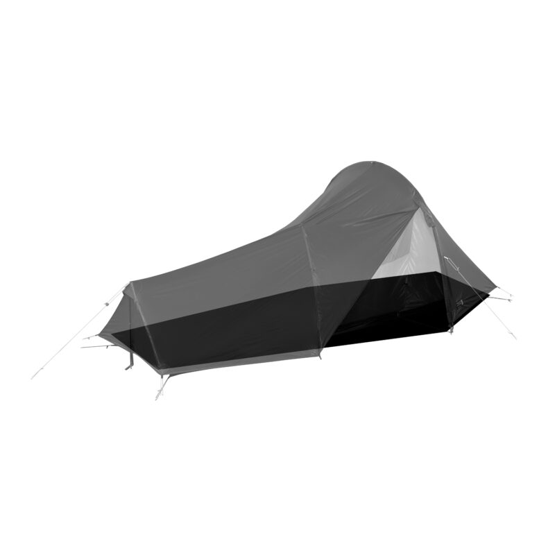 Laser-Pulse-1-1500x1500-1-3.jpg Low-profile single-person tunnel/mummy tent with a taut rainfly, staked guylines and a partially open door showing the dark inner floor.