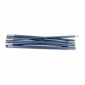 Several blue segmented tent poles with silver metal connectors stacked horizontally on a white background