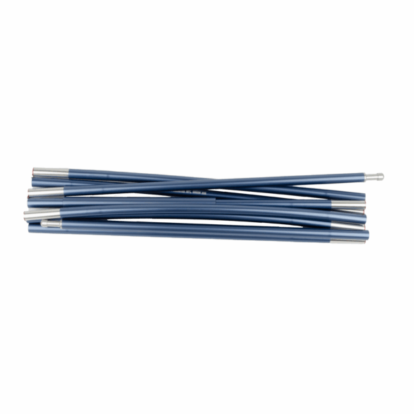Several blue segmented tent poles with silver metal connectors stacked horizontally on a white background