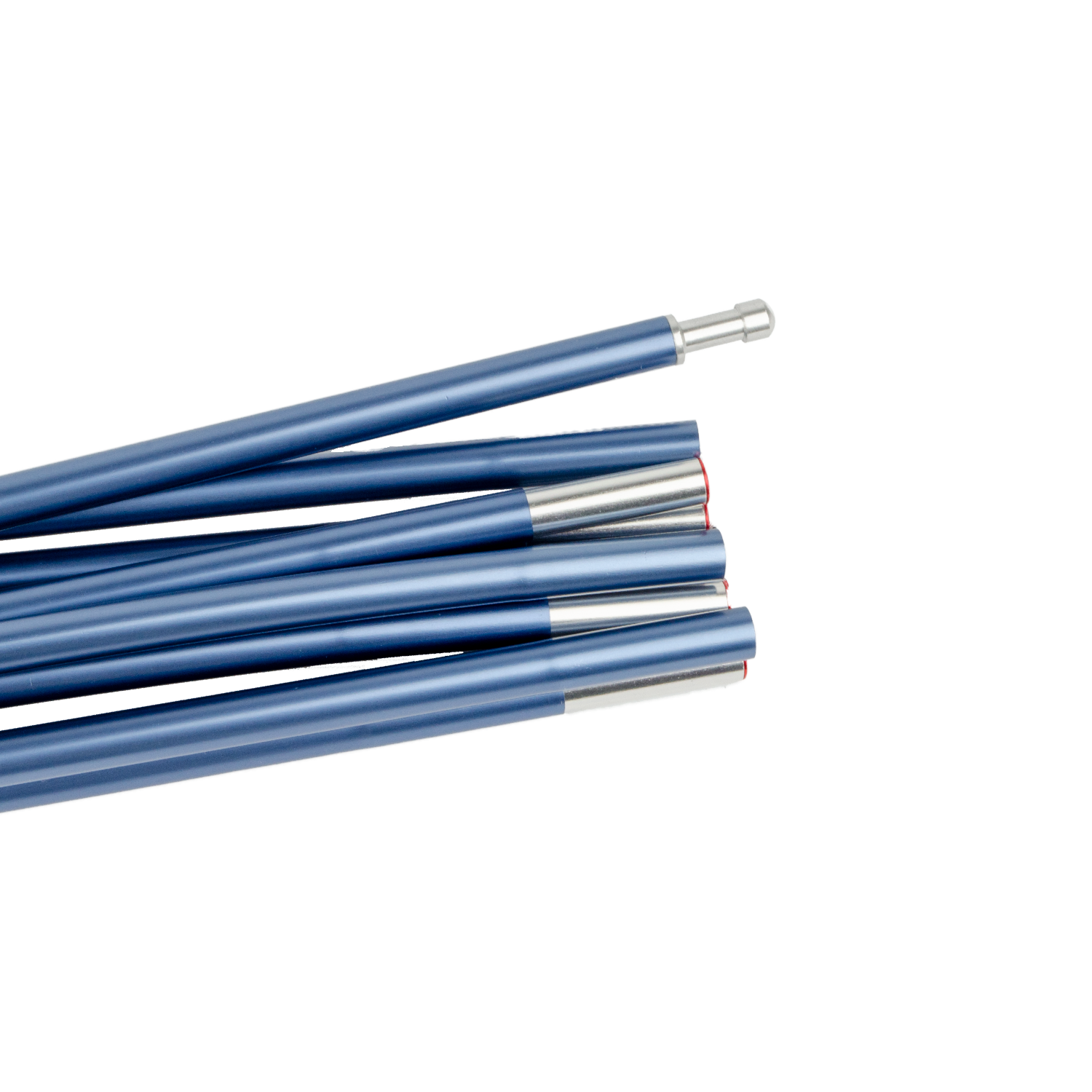 Several blue collapsible aluminium tent poles with silver metal connectors arranged diagonally on a white background.