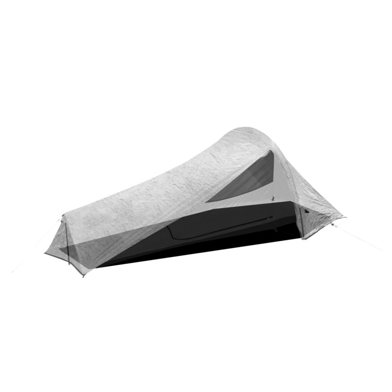 Laser-Pulse-Ultra-1-1500x1500-1-3.jpg Low-profile single-person ultralight backpacking tent with a translucent light-grey rainfly draped over a black mesh inner body and floor, triangular side door and pegged guylines at each end, shown against a white background.
