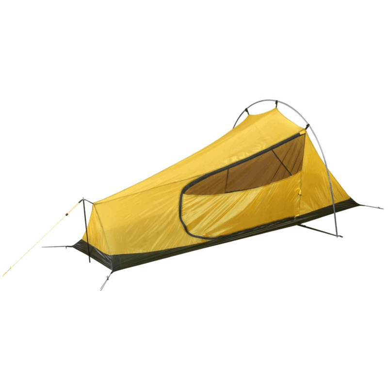Laser-Pulse-Ultra-1-Inner-3.png Lightweight yellow single-person backpacking tent with a low-profile tapered shape, side mesh door, dark-green bathtub floor, arched aluminium pole and guy lines on a white background.