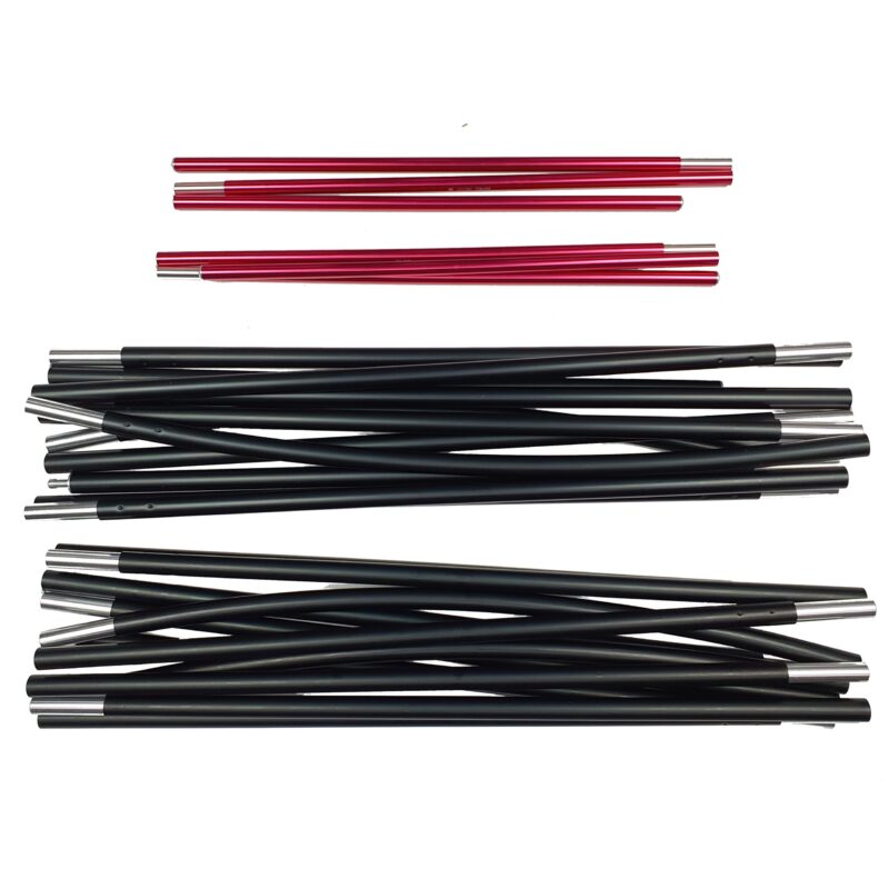 Several disassembled tent-pole sections laid flat on a white background: three short red anodised segments at the top and multiple longer black poles with silver metal ferrules stacked below.