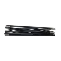 Bundle of black collapsible tent poles with silver metal end ferrules overlapping on a white background.