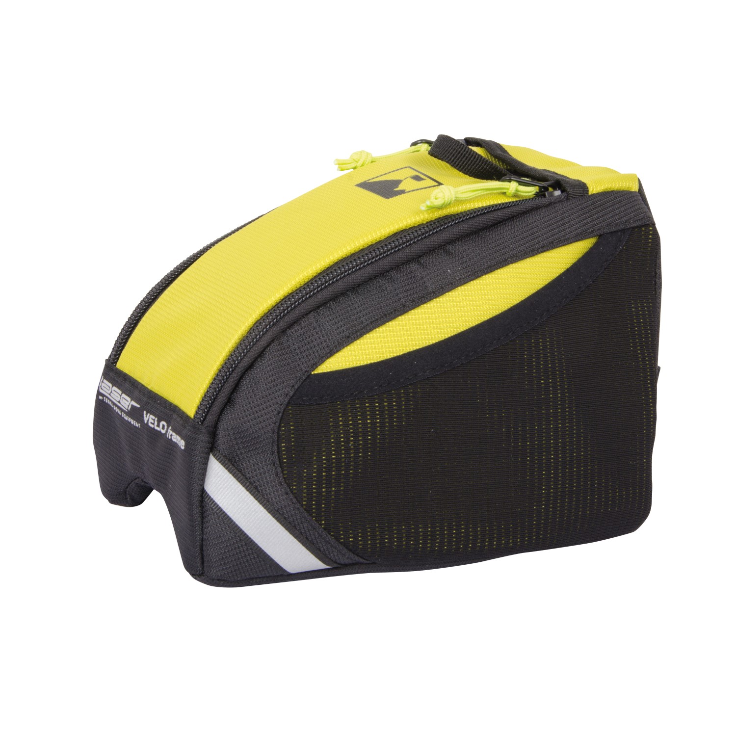 Compact black and fluorescent yellow bicycle frame bag with a zip-top, mesh side pocket, reflective stripe and attachment straps.