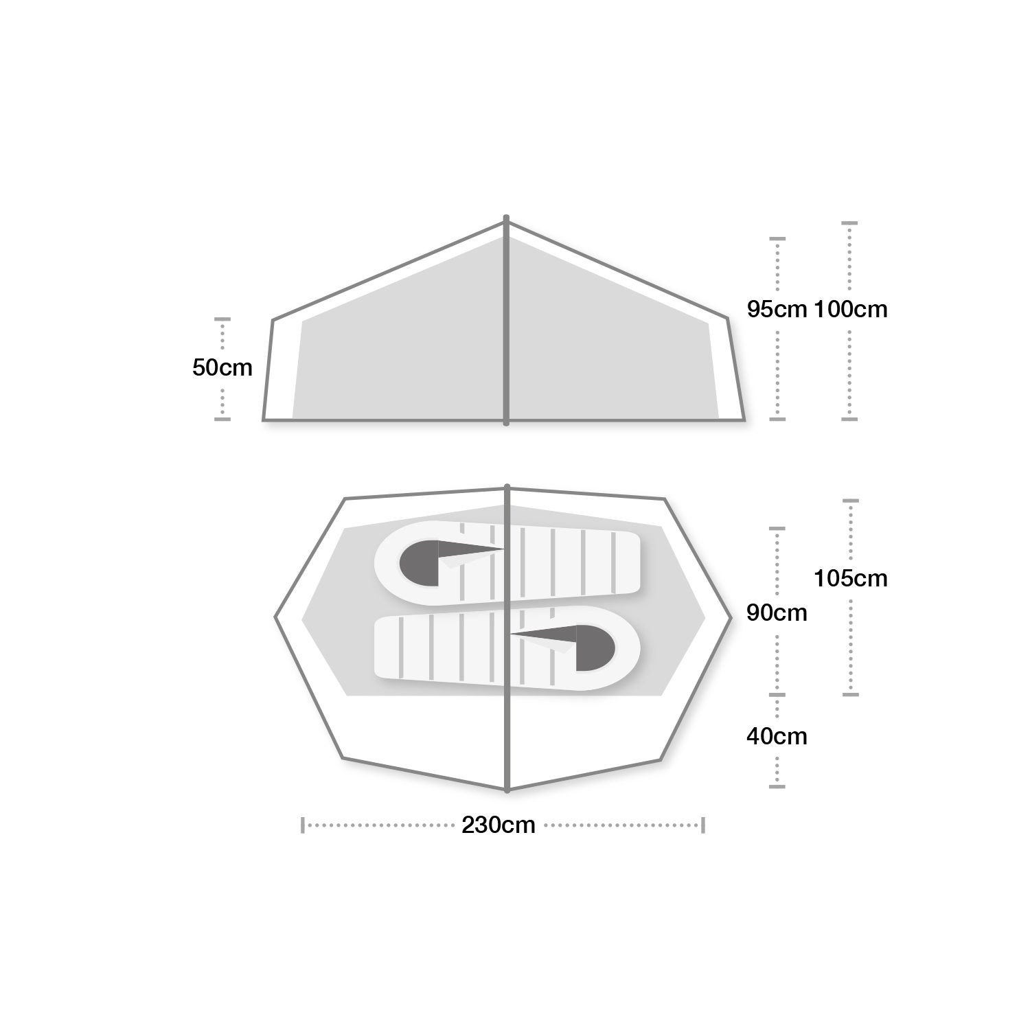 LaserCompactAllSeason21500x1500px-1.jpg Schematic of a two-person tent showing a side elevation with a central pole and sloping roof and a top plan with two sleeping bags placed head-to-head inside an octagonal footprint, annotated with dimensions (overall length 230 cm, interior headroom about 95–105 cm, vestibule depths 40–50 cm and side clearance ~50 cm).