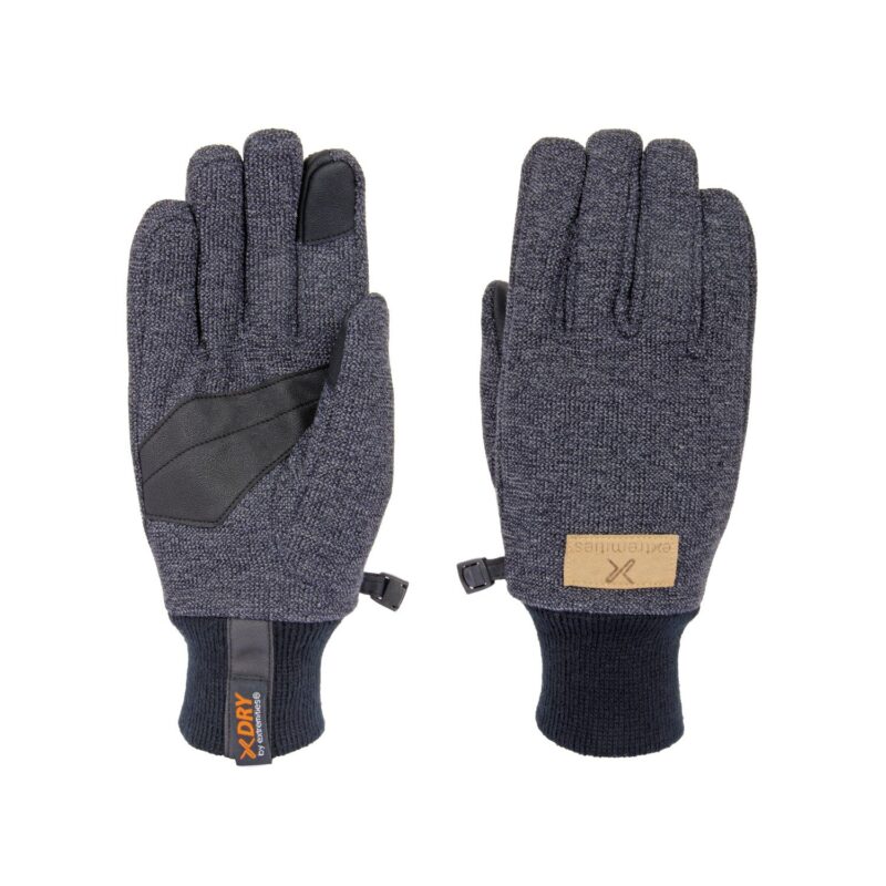 Linacre-Glove-Palm-and-Back-1500x1500px-1.jpg Dark grey knitted winter gloves on a white background; the left glove shows a black synthetic palm patch and touchscreen-friendly fingertip with a ribbed black cuff and tag, the right glove shows the back with a small tan logo patch.