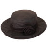 Black wide-brimmed women's hat with a flat, round crown and a matching fabric rose on the band.