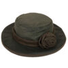 Olive-green round flat-top hat with a wide brim, a brown trim band and a rolled fabric rosette on one side.