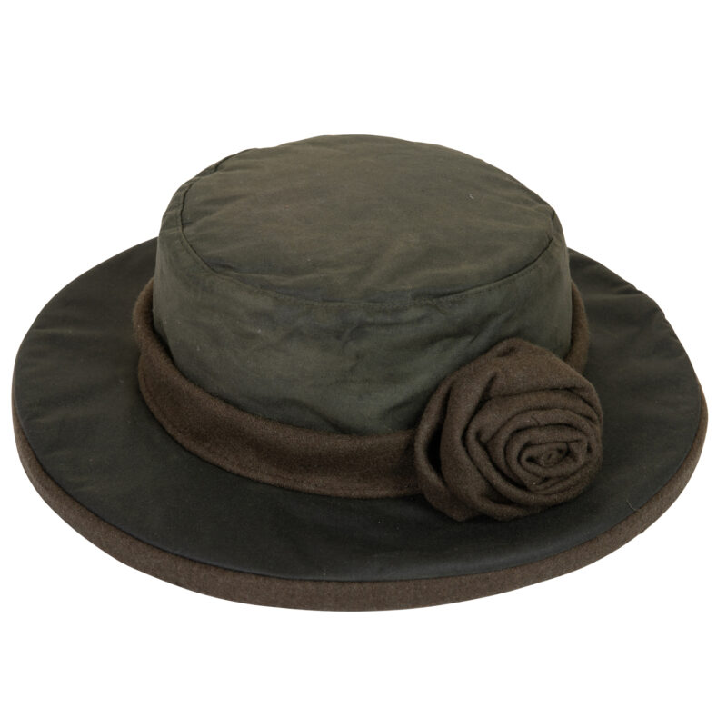 Olive-green round flat-top hat with a wide brim, a brown trim band and a rolled fabric rosette on one side.