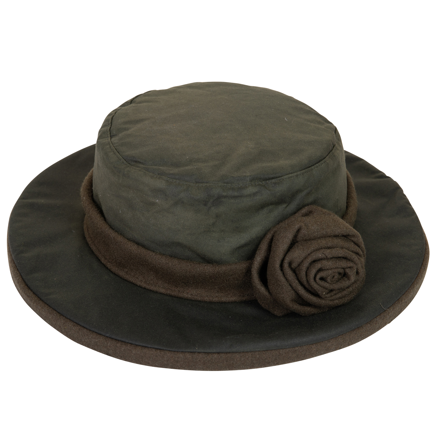 Longleat-Wide-Brim-Hat-Khaki-300dpi-1.jpg Olive-green round flat-top hat with a wide brim, a brown trim band and a rolled fabric rosette on one side.