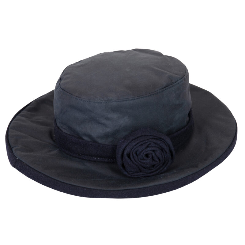 Dark navy wide-brimmed hat with a rounded crown, matching fabric band and a rolled rosette on one side.
