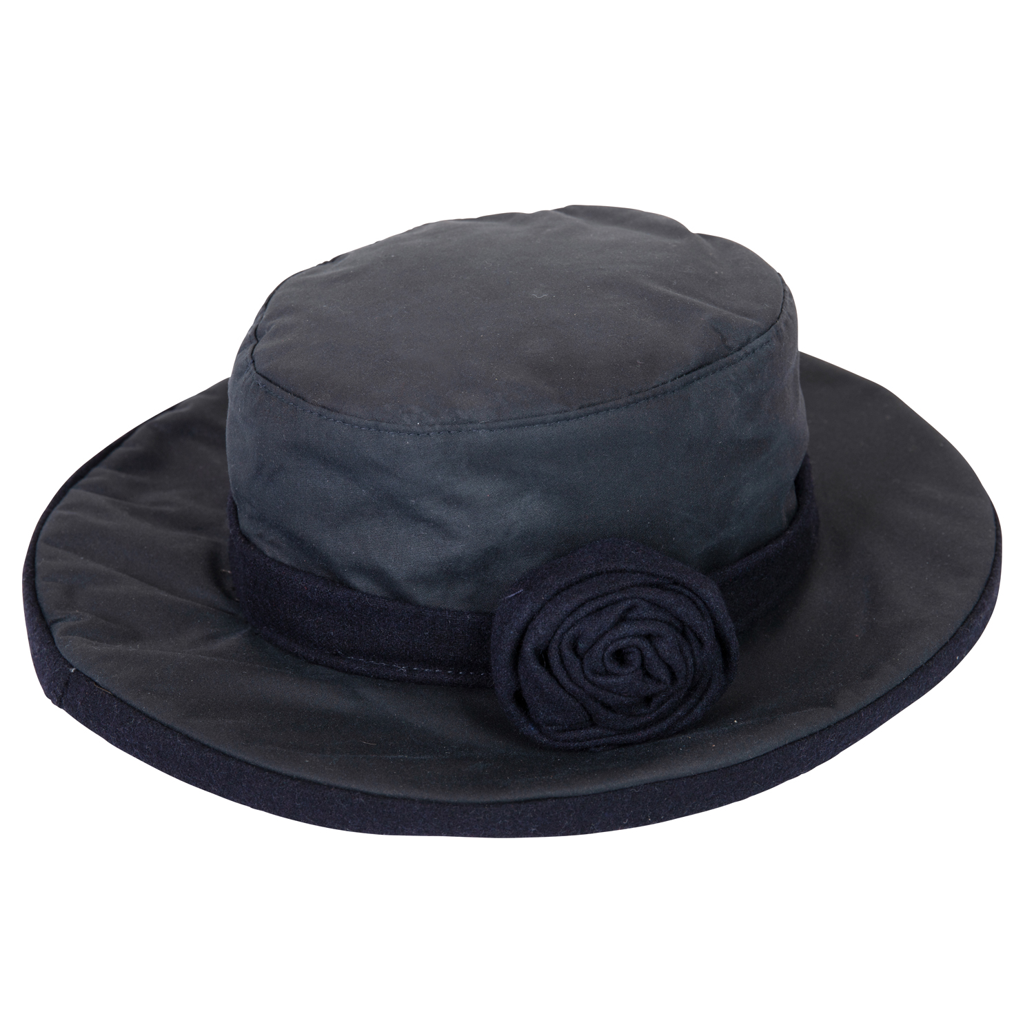 Longleat-Wide-Brim-Hat-Navy-300dpi-1.jpg Dark navy wide-brimmed hat with a rounded crown, matching fabric band and a rolled rosette on one side.