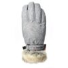 Grey padded winter glove with textured fabric, adjustable wrist strap showing the 'extremities' logo and a fluffy beige faux-fur cuff