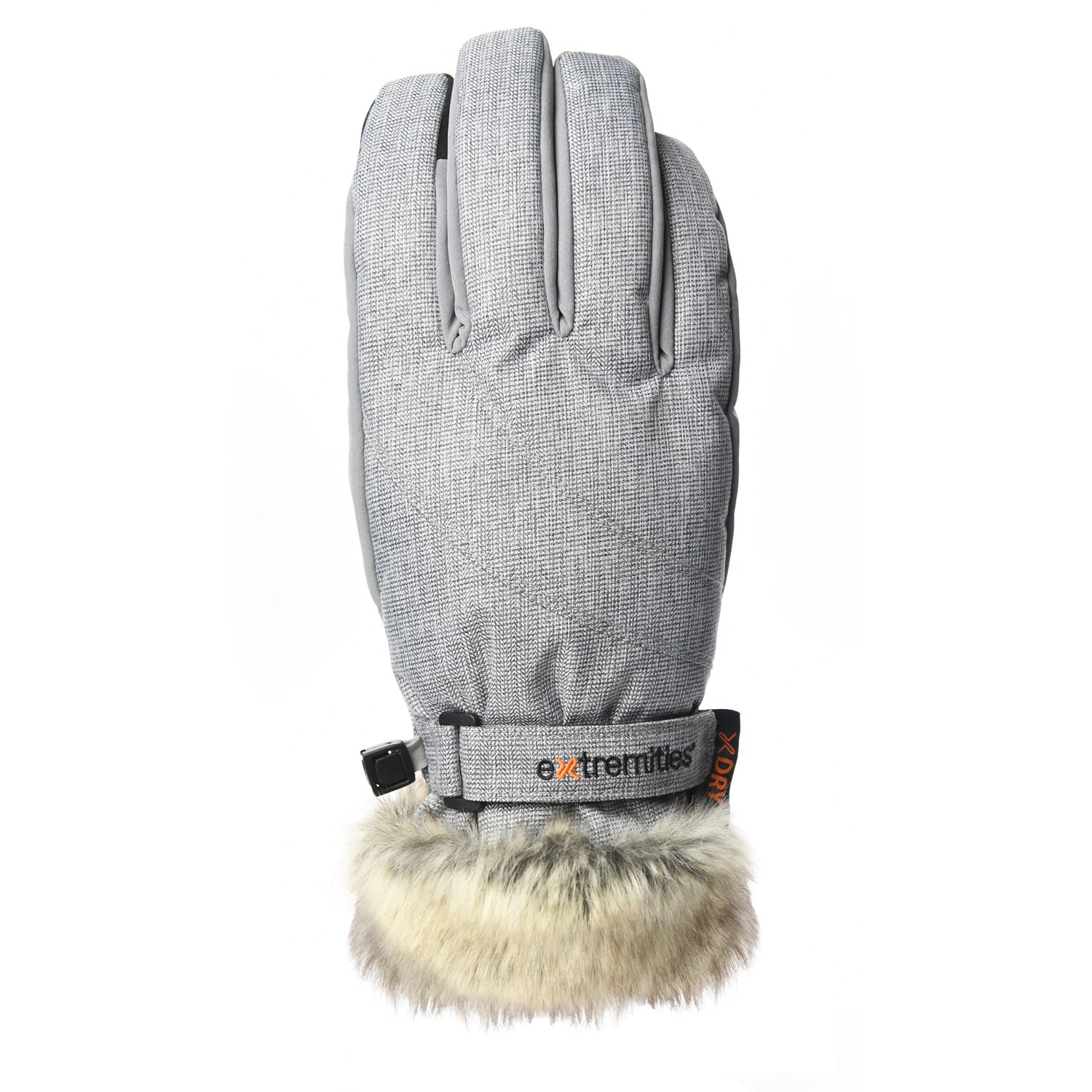 Marwood-Glove-Back-1500x1500-1-1.jpg Grey padded winter glove with textured fabric, adjustable wrist strap showing the 'extremities' logo and a fluffy beige faux-fur cuff