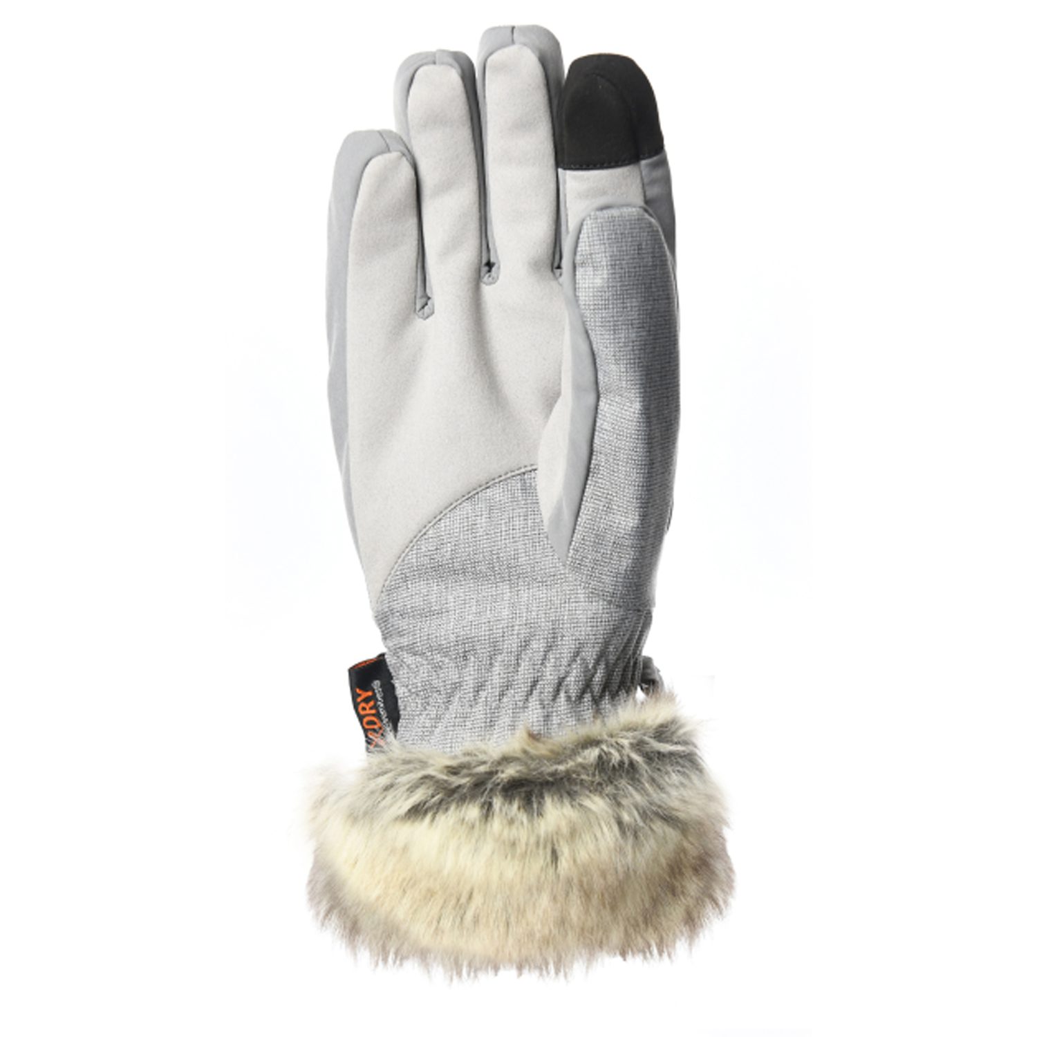 Marwood-Glove-Palm-1500x1500-1-1.jpg Light grey insulated winter glove with textured palm and reinforced black touchscreen-compatible fingertip, elasticated wrist and beige faux-fur cuff.