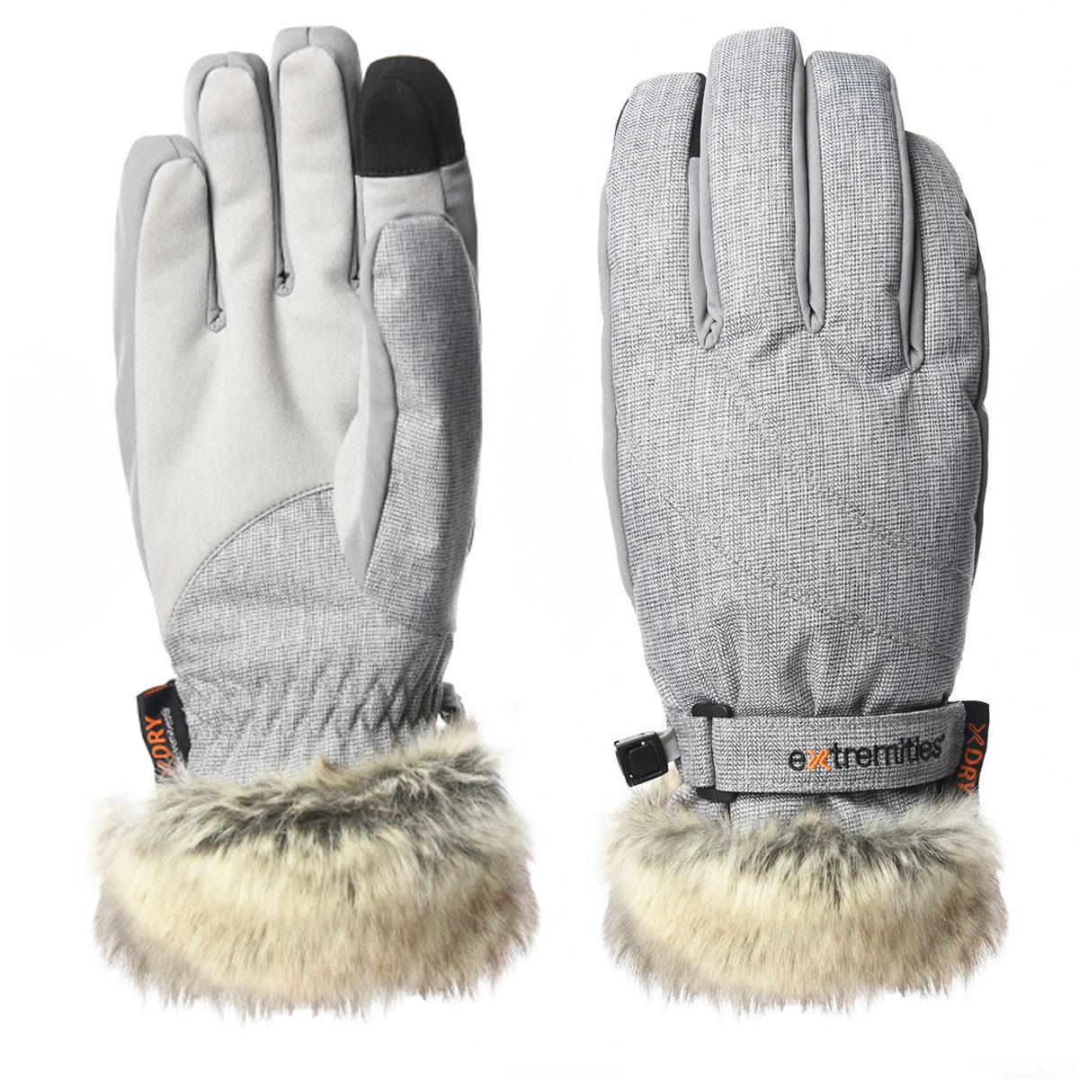 Marwood-Glove-front-and-back-1200px-1.jpg Pair of grey insulated winter gloves on a white background, with textured fabric backs, smooth palms and a black touchscreen fingertip, adjustable wrist strap stamped extremities, and plush faux-fur cuffs.
