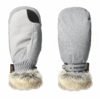 Marwood-Mitt-Back-and-Palm-1.png Light grey winter mittens shown front and back, with a smooth suede-like palm panel and black reinforcement, textured back with an adjustable wrist strap bearing the extremities logo, and fluffy faux-fur cuffs.