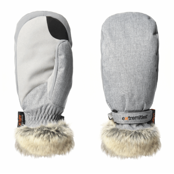 Marwood-Mitt-Back-and-Palm-1.png Light grey winter mittens shown front and back, with a smooth suede-like palm panel and black reinforcement, textured back with an adjustable wrist strap bearing the extremities logo, and fluffy faux-fur cuffs.