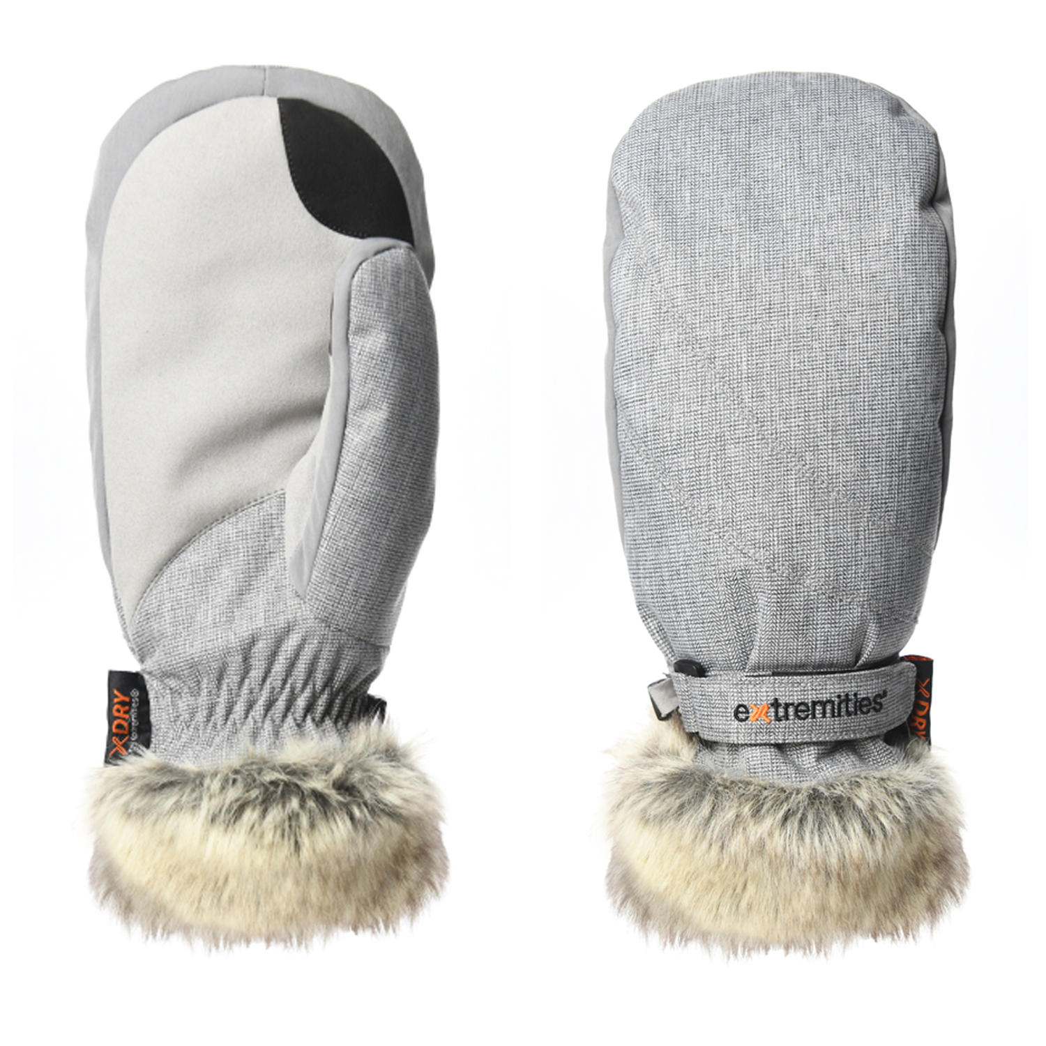 Marwood-Mitt-Back-and-Palm-1.png Light grey winter mittens shown front and back, with a smooth suede-like palm panel and black reinforcement, textured back with an adjustable wrist strap bearing the extremities logo, and fluffy faux-fur cuffs.