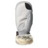 Marwood-Mitt-Palm-1500x1500-1-1.jpg Single light-grey insulated mitten with textured fabric, black thumb reinforcement, elasticated wrist and beige faux-fur cuff